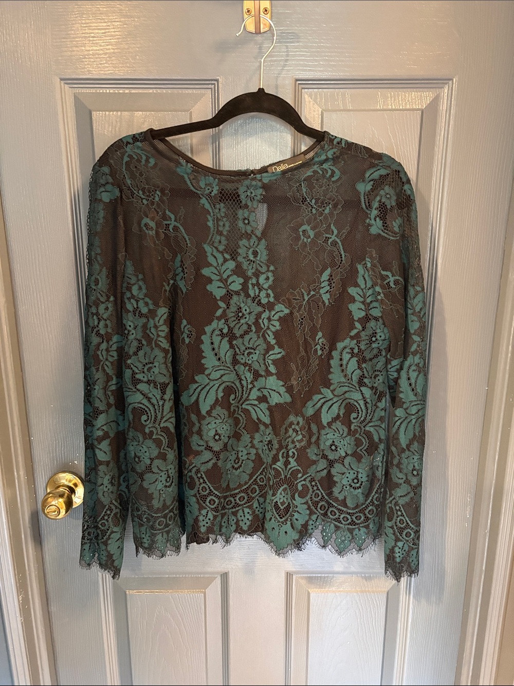 Dalia Black Top with Teal Floral Lace Overlay